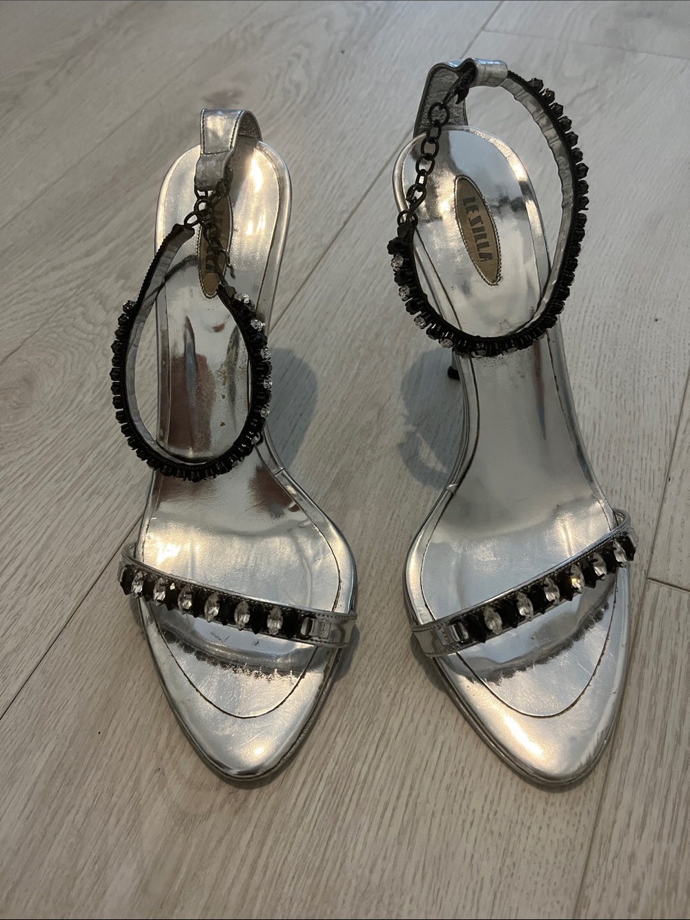Metallic Silver Women's Ankle-Strap Heels with Black Trim